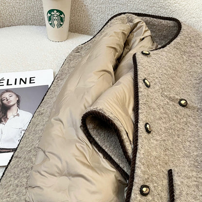 Khaki down-filled French-style short jacket for women, 2025 new winter retro patchwork design top
