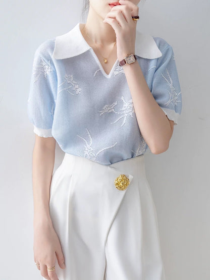 Short-sleeved straight shoulder T-shirt for women 2025 new hot summer blue half-open collar loose design sweet and spicy top