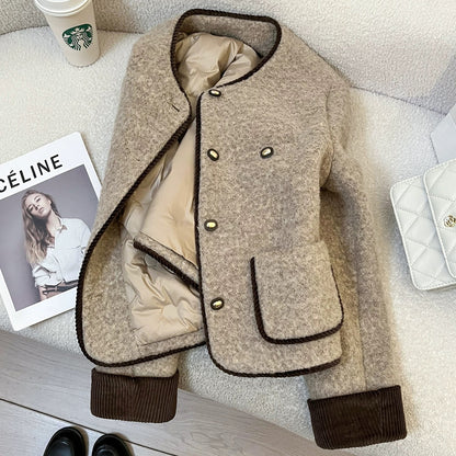 Khaki down-filled French-style short jacket for women, 2025 new winter retro patchwork design top
