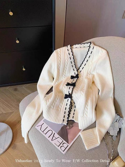 Counter withdraws the label cut bow sweater cardigan women's autumn and winter pure desire sweet spicy v-neck contrast color cable knitted jacket