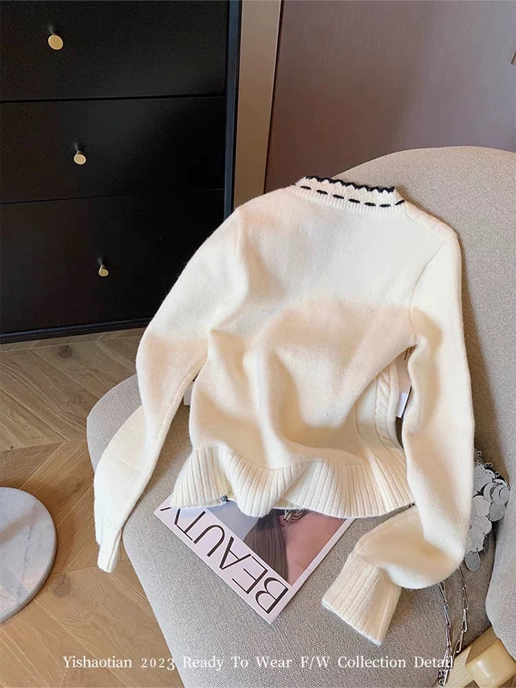 Counter withdraws the label cut bow sweater cardigan women's autumn and winter pure desire sweet spicy v-neck contrast color cable knitted jacket