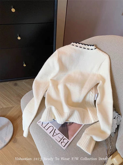 Counter withdraws the label cut bow sweater cardigan women's autumn and winter pure desire sweet spicy v-neck contrast color cable knitted jacket