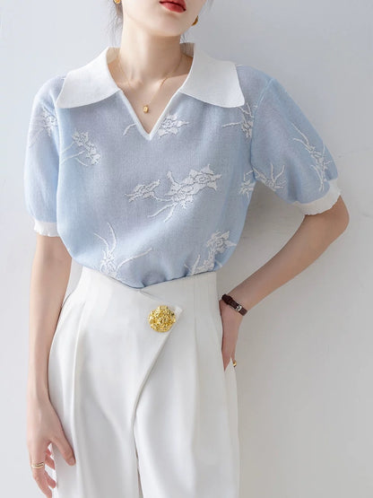 Short-sleeved straight shoulder T-shirt for women 2025 new hot summer blue half-open collar loose design sweet and spicy top