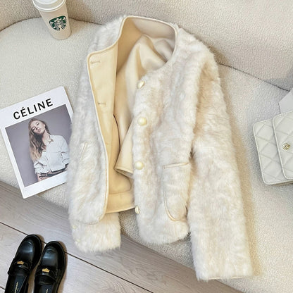 Off-white faux mink fleece eco-friendly fur coat for women, 2025 new winter style, high-end casual warm fur top.
