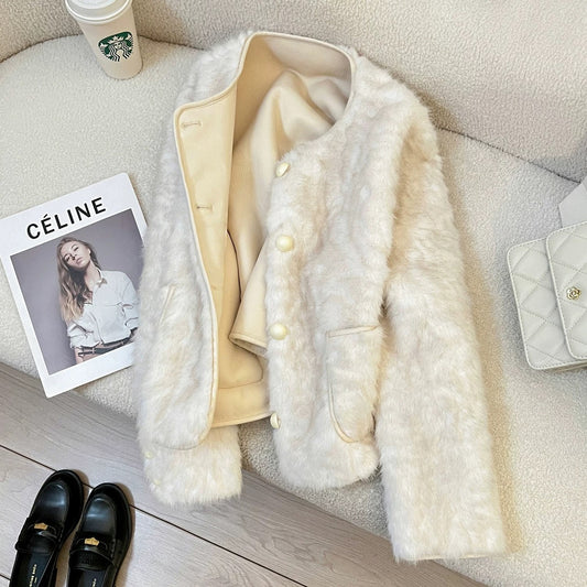 Off-white faux mink fleece eco-friendly fur coat for women, 2025 new winter style, high-end casual warm fur top.