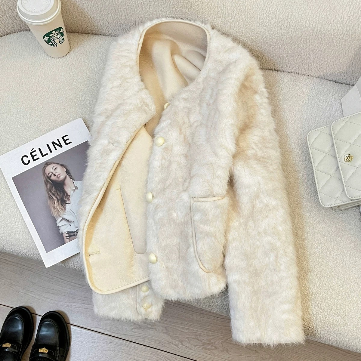 Off-white faux mink fleece eco-friendly fur coat for women, 2025 new winter style, high-end casual warm fur top.