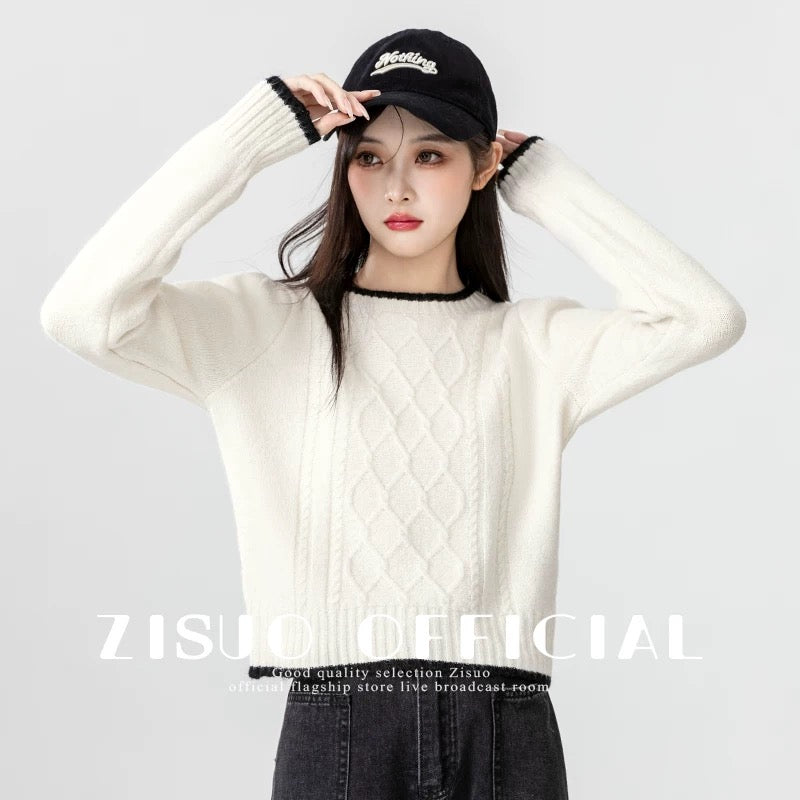 2024 autumn and winter new diamond round neck sweater women's winter thickened versatile bottoming sweater off-white short top