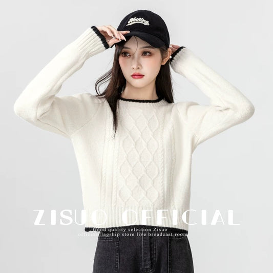 2024 autumn and winter new diamond round neck sweater women's winter thickened versatile bottoming sweater off-white short top