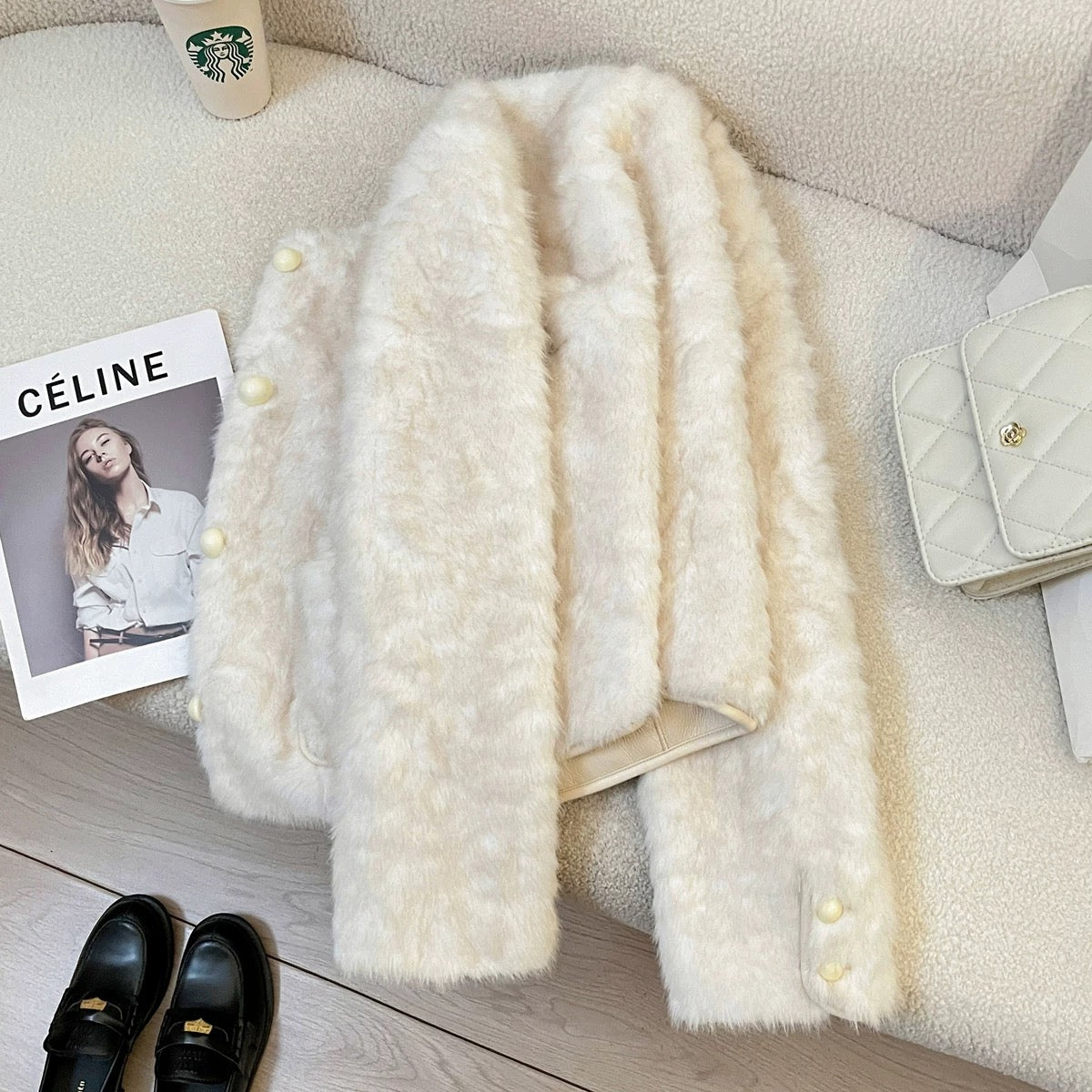 Off-white faux mink fleece eco-friendly fur coat for women, 2025 new winter style, high-end casual warm fur top.