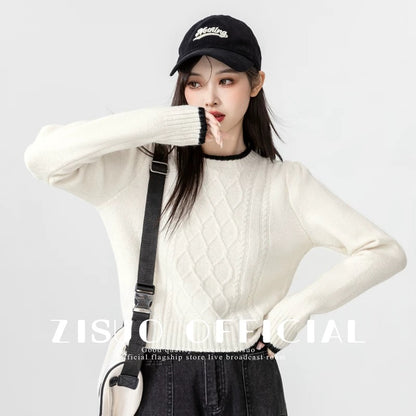 2024 autumn and winter new diamond round neck sweater women's winter thickened versatile bottoming sweater off-white short top