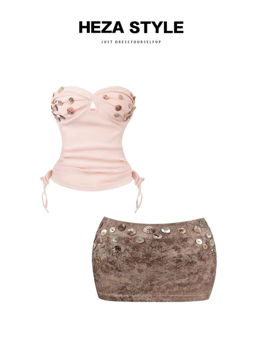HEZA Pink Sleeveless Tube Top & Shorts Set – Sexy, Form-Fitting Summer Outfit for Curvy Women