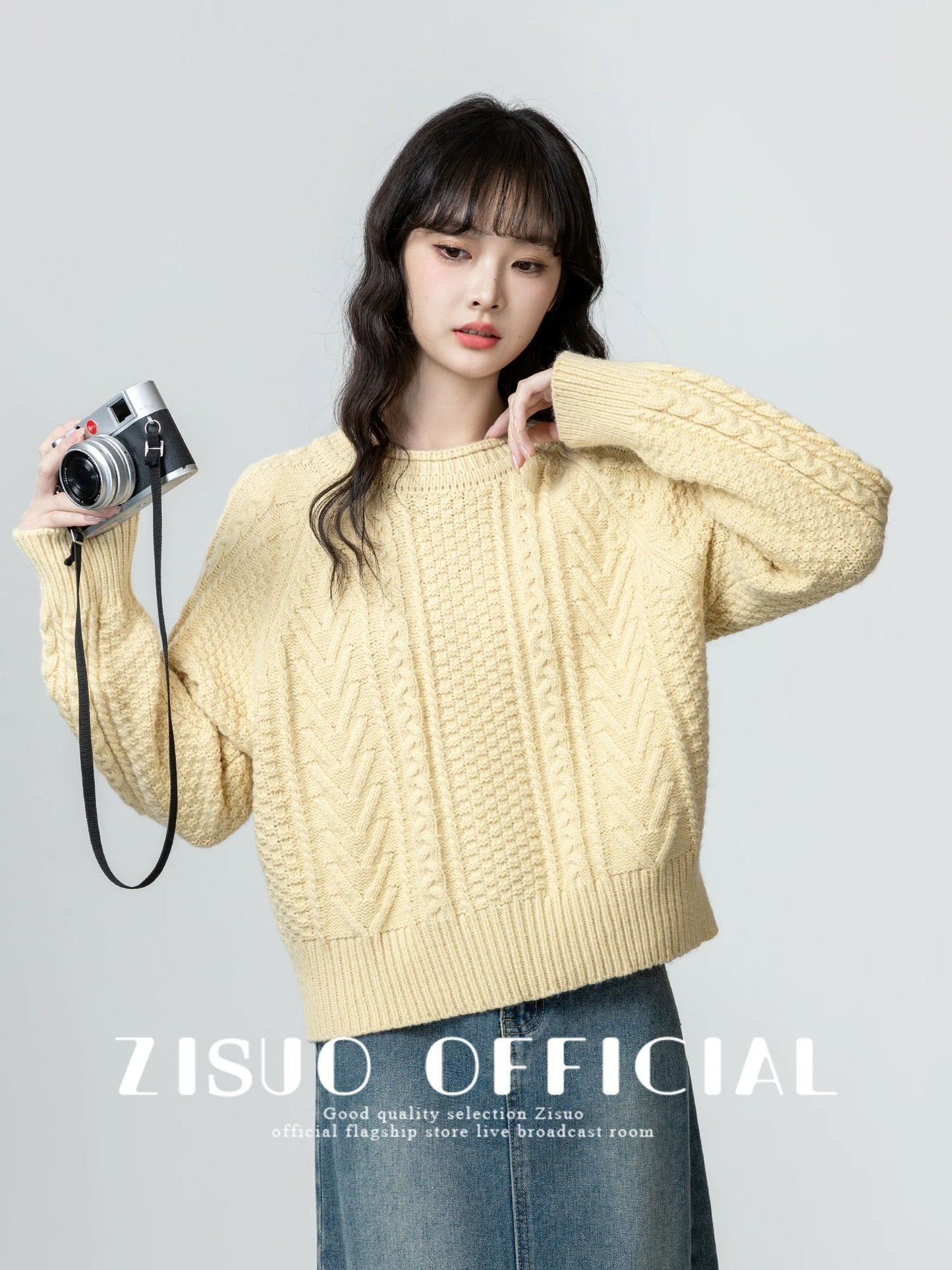 Yellow thickened twist round neck sweater for women 2024 autumn and winter new loose casual pullover sweater short top