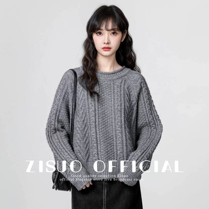 Yellow thickened twist round neck sweater for women 2024 autumn and winter new loose casual pullover sweater short top