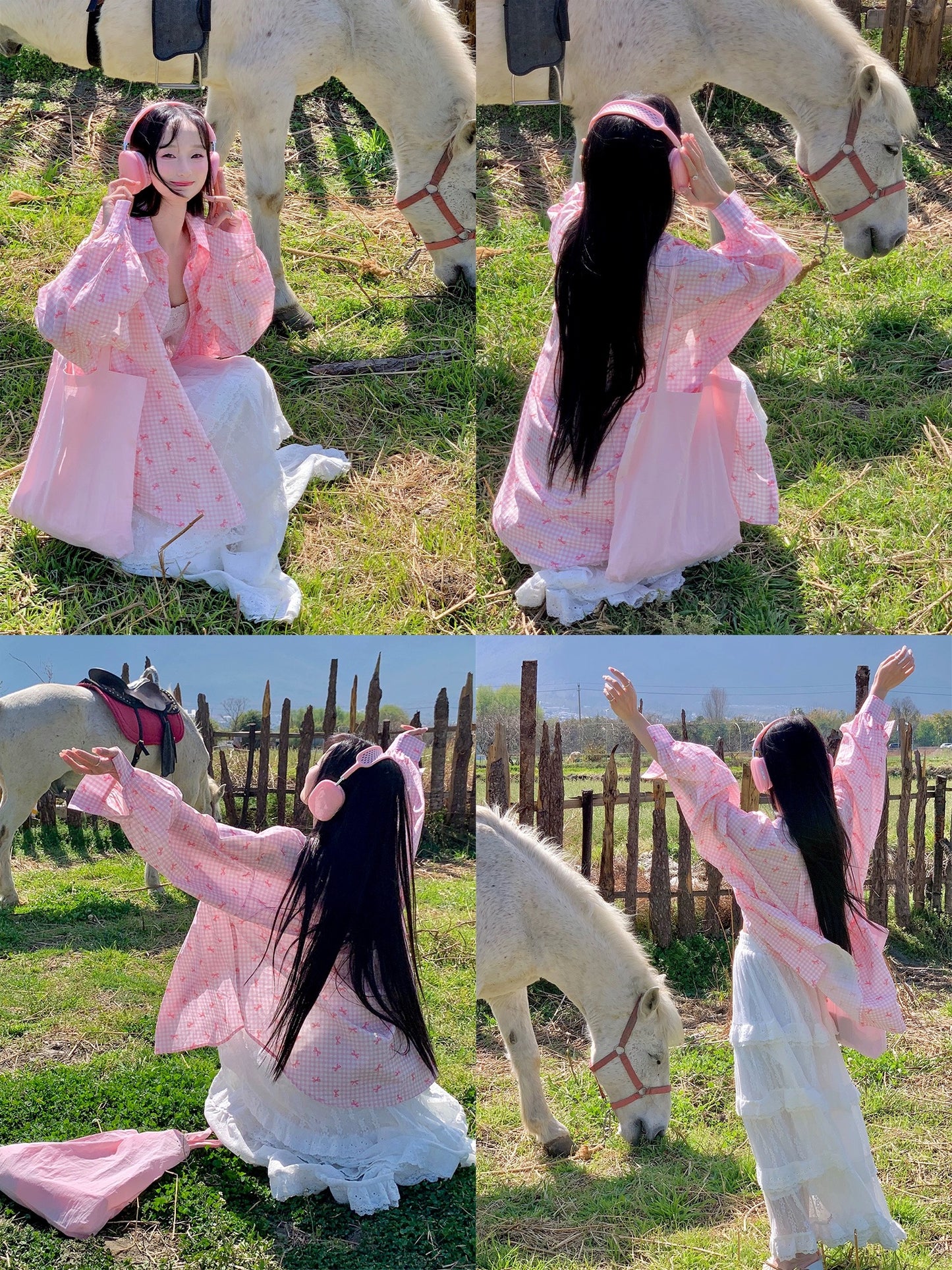 Lin Chumei pink plaid shirt jacket women's spring and summer Korean loose thin cardigan bow sun protection top