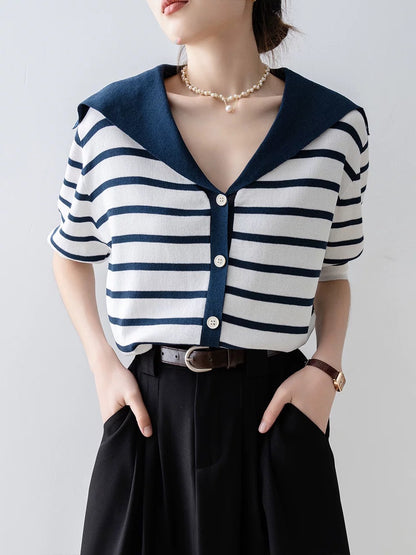 Blue striped ice silk sweater women's summer 2025 new navy collar contrast color thin chic short-sleeved top
