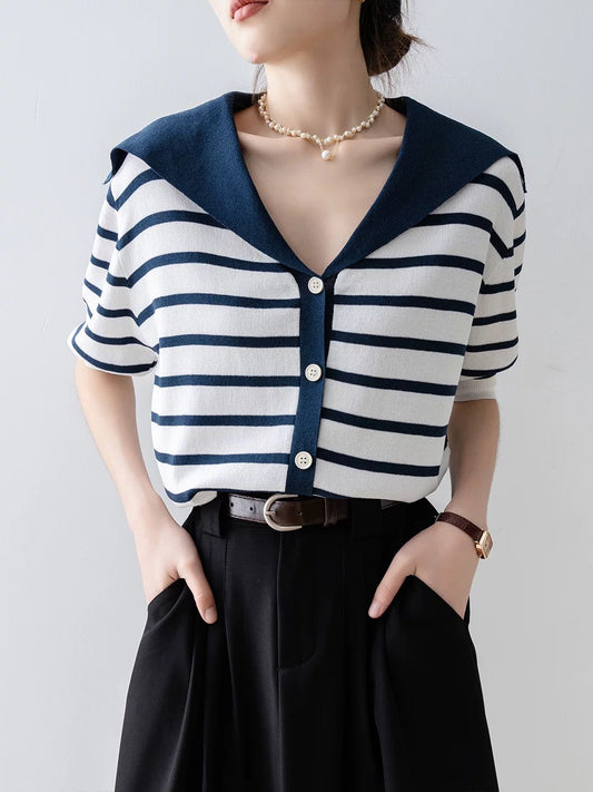 Blue striped ice silk sweater women's summer 2025 new navy collar contrast color thin chic short-sleeved top