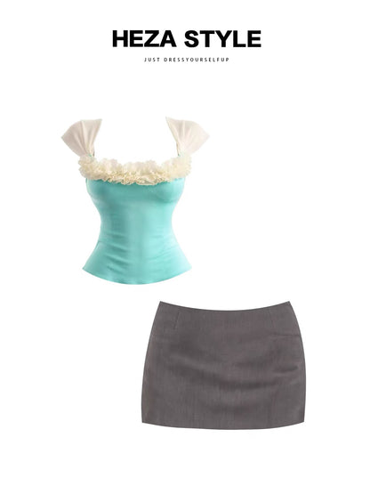 HEZA Mint Blue Camisole & Skirt Set – Summer "Pure & Alluring" Style with Contrast Ruffle Details