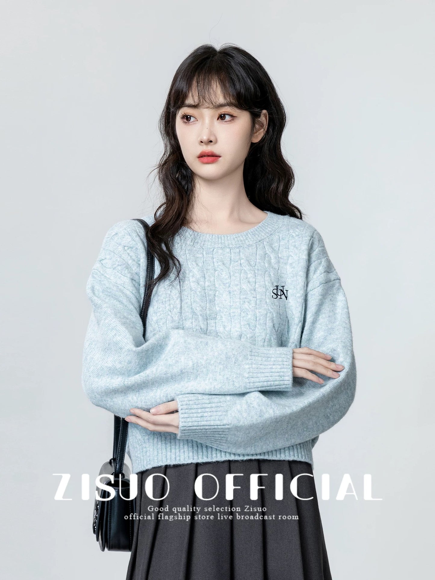 Blue round neck twist sweater for women 2024 spring and autumn new design embroidered pullover sweater short top