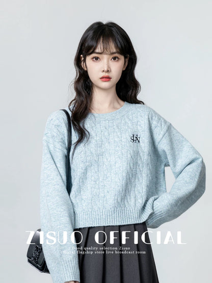 Blue round neck twist sweater for women 2024 spring and autumn new design embroidered pullover sweater short top