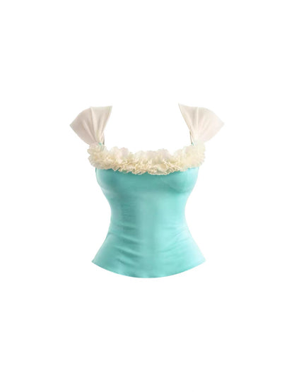HEZA Mint Blue Camisole & Skirt Set – Summer "Pure & Alluring" Style with Contrast Ruffle Details