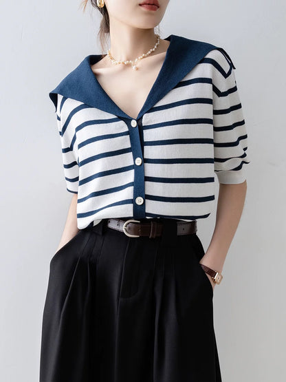 Blue striped ice silk sweater women's summer 2025 new navy collar contrast color thin chic short-sleeved top