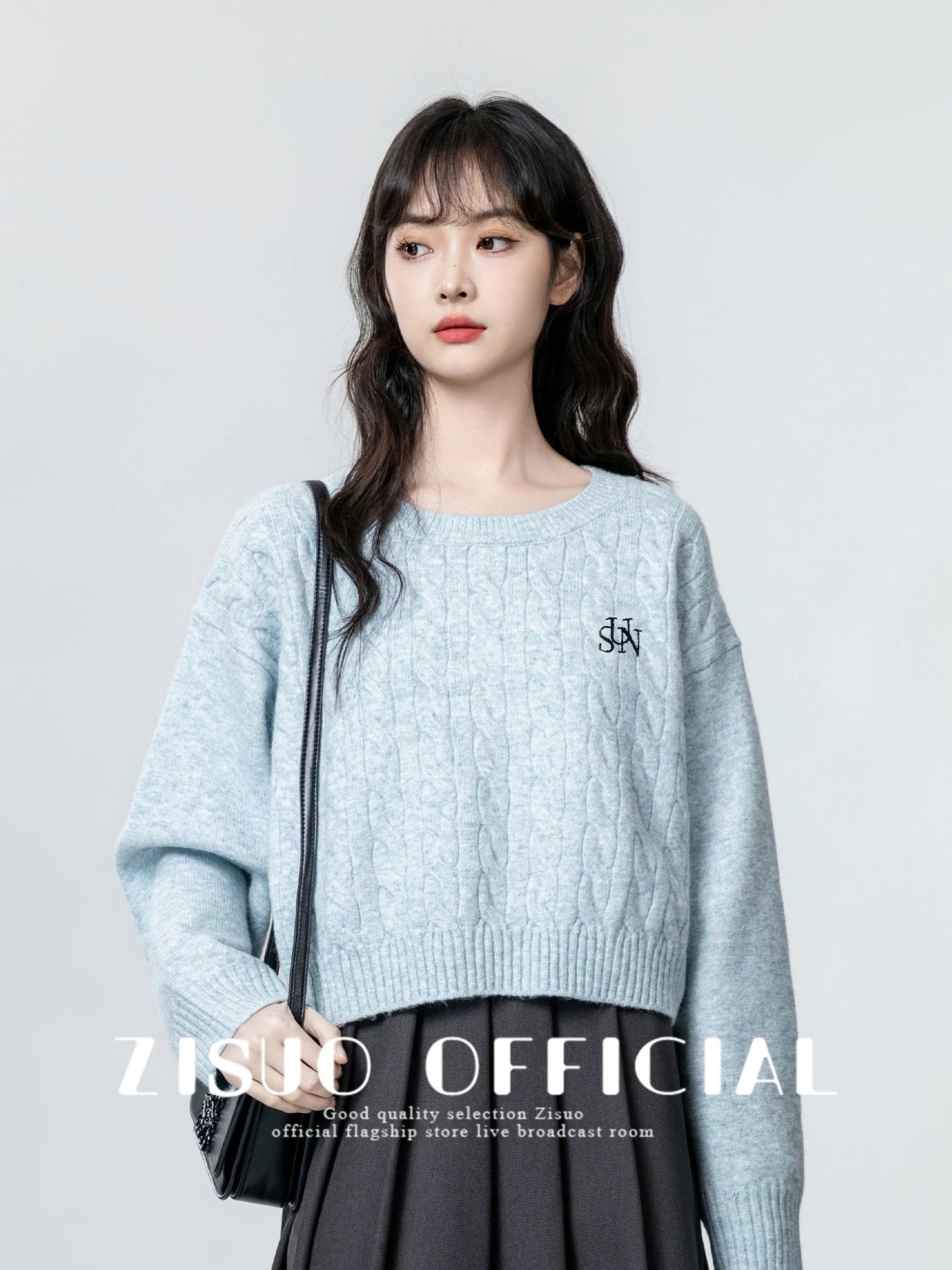 Blue round neck twist sweater for women 2024 spring and autumn new design embroidered pullover sweater short top