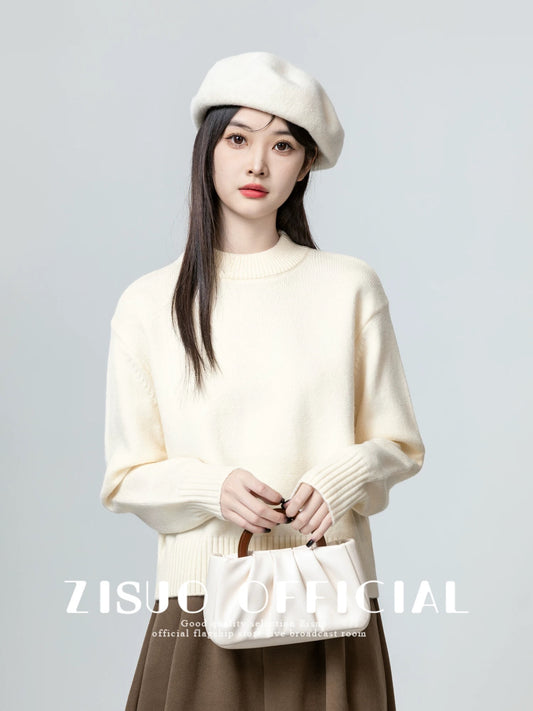 Apricot thickened round neck sweater for women 2024 autumn and winter new loose and versatile pullover sweater with short top