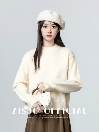 Apricot thickened round neck sweater for women 2024 autumn and winter new loose and versatile pullover sweater with short top