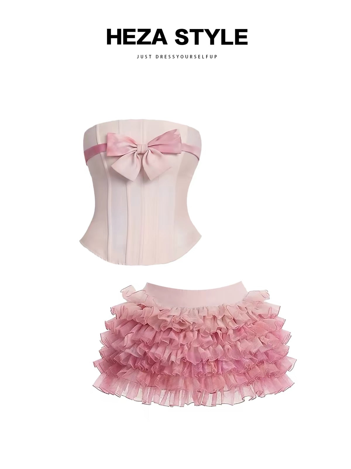 HEZA Summer Vacation Set: Sweet & Edgy Style – Bow-Detailed Boned Tube Top & High-Waisted Flared Skirt (Flattering Fit)
