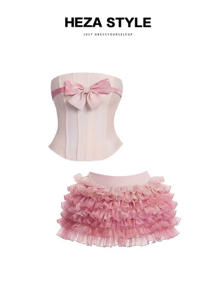 HEZA Summer Vacation Set: Sweet & Edgy Style – Bow-Detailed Boned Tube Top & High-Waisted Flared Skirt (Flattering Fit)