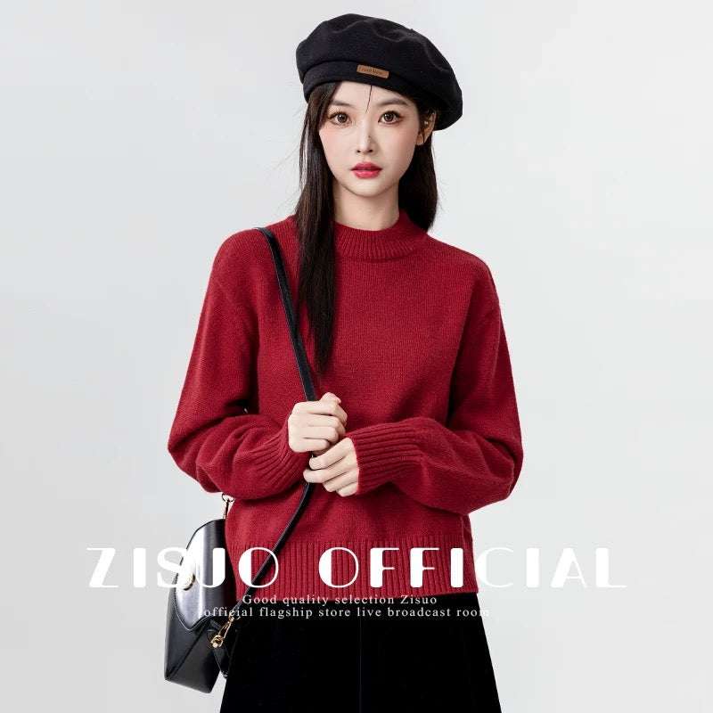 Apricot thickened round neck sweater for women 2024 autumn and winter new loose and versatile pullover sweater with short top
