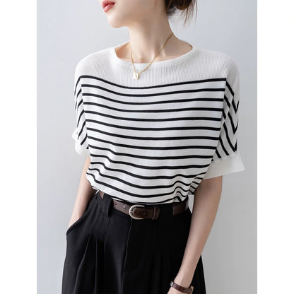 Navy striped bat sleeve sweater for women 2024 new summer black round neck short-sleeved T-shirt top