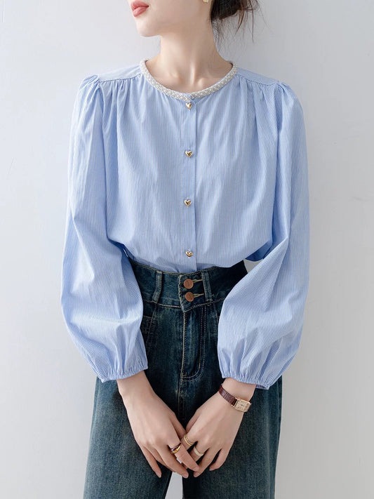 Shirt 2025 new women's light luxury high-end autumn and winter retro light blue round neck striped shirt lantern sleeve top