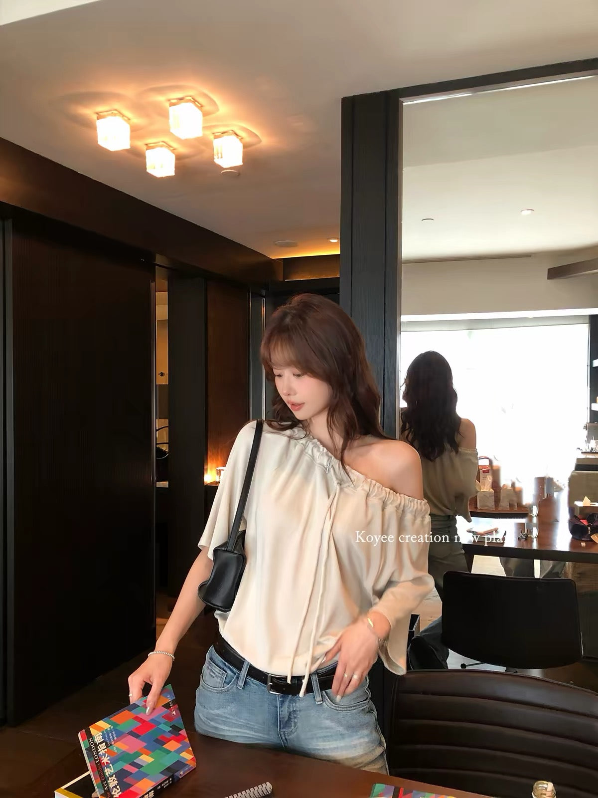 Kong Yili Women's Summer Off-Shoulder T-Shirt – Unique Loose-Fit Design with Drawstring Detail