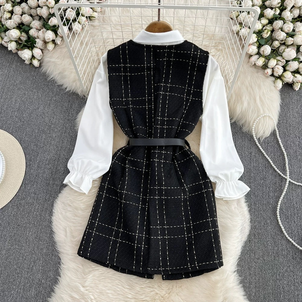 Goddess style celebrity temperament mid-length single-breasted tweed vest jacket two-piece loose white shirt autumn