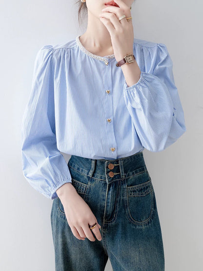 Shirt 2025 new women's light luxury high-end autumn and winter retro light blue round neck striped shirt lantern sleeve top