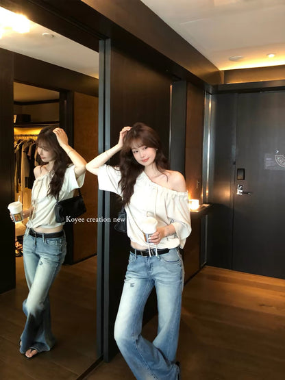 Kong Yili Women's Summer Off-Shoulder T-Shirt – Unique Loose-Fit Design with Drawstring Detail