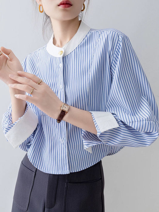 Women's clothing 2025 new spring loose round neck blue striped shirt French style beautiful temperament shirt long sleeve top