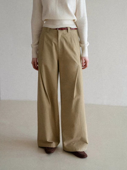 [In Stock] EGGKA Women's High-Waisted Khaki Casual Trousers – Minimalist, Loose, Straight-Leg Wide-Leg Pants with Pleated Seam Detail (Suitable for Work/Commuting)