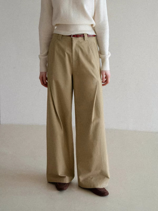 [In Stock] EGGKA Women's High-Waisted Khaki Casual Trousers – Minimalist, Loose, Straight-Leg Wide-Leg Pants with Pleated Seam Detail (Suitable for Work/Commuting)