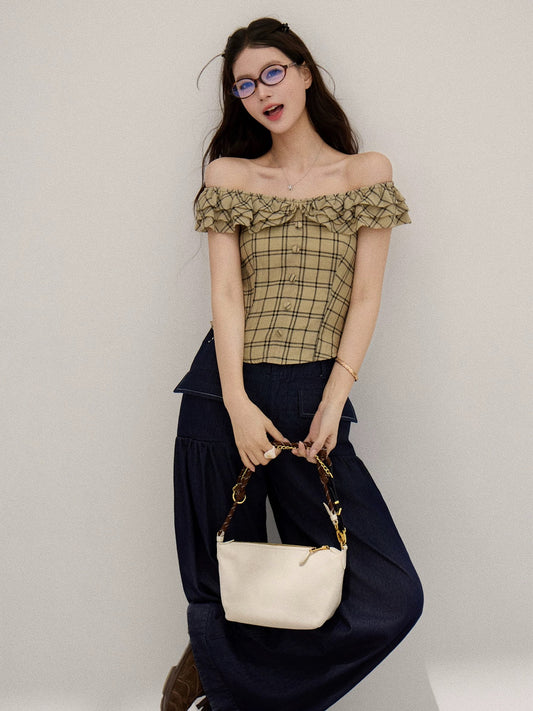 Xie Burou Tencel Off-Shoulder Double-Layer Ruffled Plaid T-Shirt Women's Spring Korean Style Fashion Slim Waist Short Top