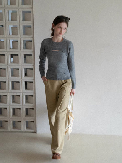[In Stock] EGGKA Women's High-Waisted Khaki Casual Trousers – Minimalist, Loose, Straight-Leg Wide-Leg Pants with Pleated Seam Detail (Suitable for Work/Commuting)