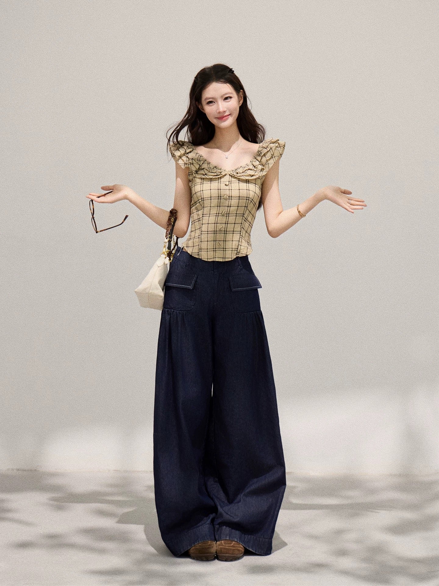 Xie Burou Tencel Off-Shoulder Double-Layer Ruffled Plaid T-Shirt Women's Spring Korean Style Fashion Slim Waist Short Top