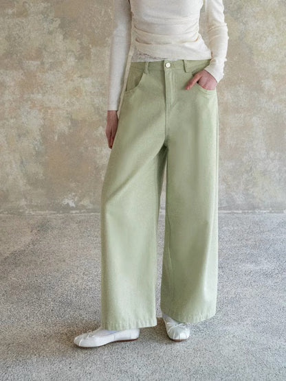 EGGKA Women's Light Green Wide-Leg Casual Trousers – Versatile, Loose, Straight-Cut, Slimming, and Minimalist Style for Spring/Summer