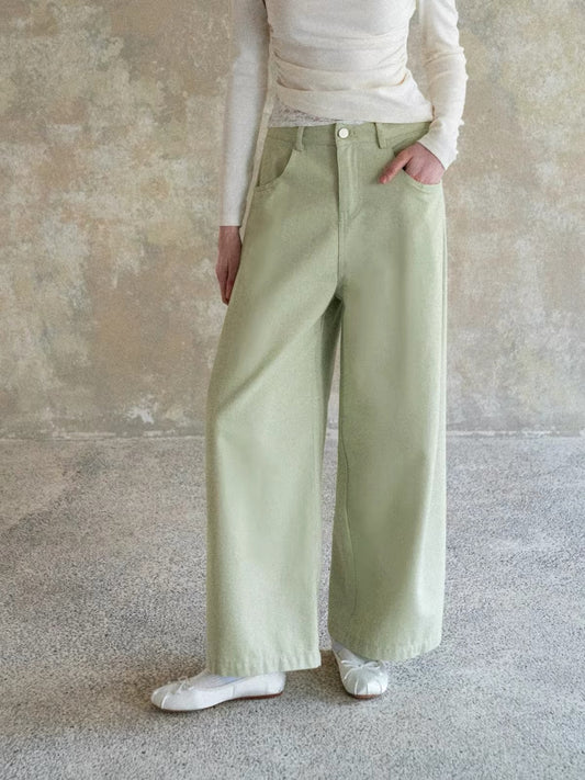 EGGKA Women's Light Green Wide-Leg Casual Trousers – Versatile, Loose, Straight-Cut, Slimming, and Minimalist Style for Spring/Summer