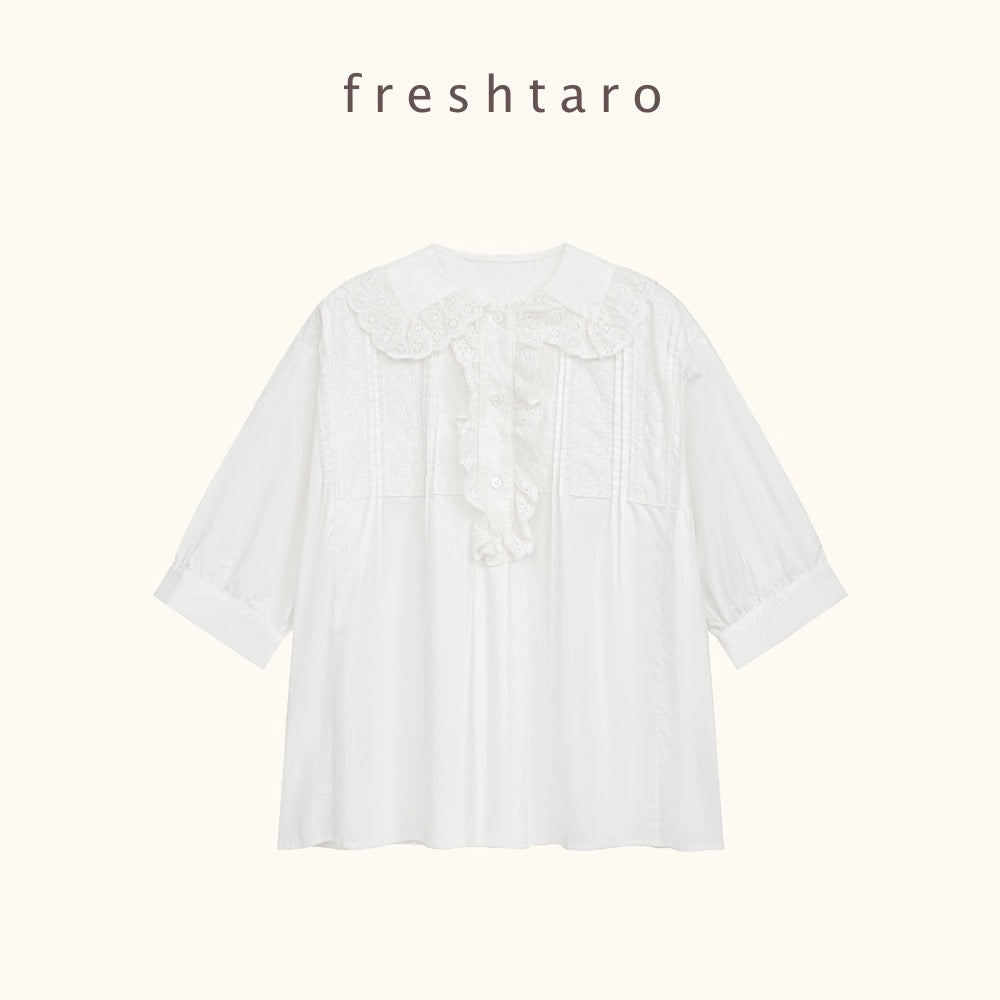 freshtaro heavyweight vintage girl lace splicing doll collar mid-sleeve shirt women's top summer new style