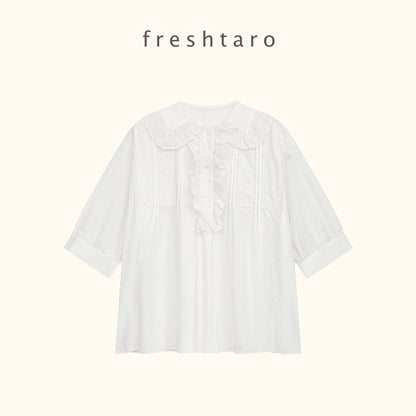 freshtaro heavyweight vintage girl lace splicing doll collar mid-sleeve shirt women's top summer new style