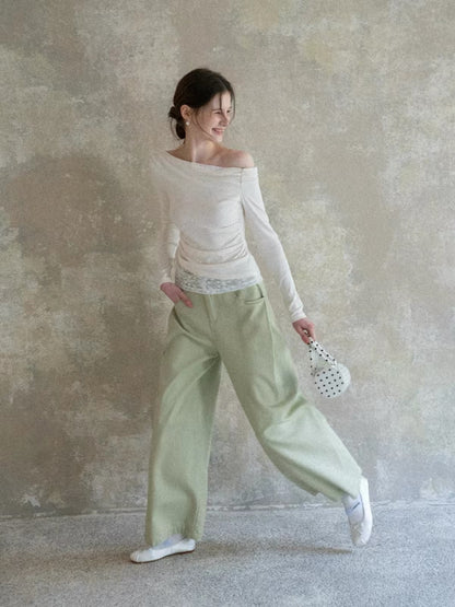 EGGKA Women's Light Green Wide-Leg Casual Trousers – Versatile, Loose, Straight-Cut, Slimming, and Minimalist Style for Spring/Summer