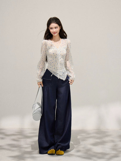 Xie Burou Irregular Floral Print Slightly Sheer V-Neck Ruffled Long-Sleeve T-Shirt for Women, Spring Style, Korean Casual Top