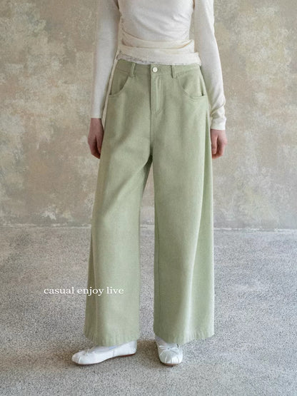 EGGKA Women's Light Green Wide-Leg Casual Trousers – Versatile, Loose, Straight-Cut, Slimming, and Minimalist Style for Spring/Summer
